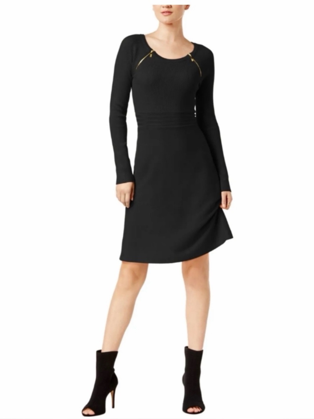 Inc International Black Long-Sleeve Scoop Neck Dress with Zip Detail Large